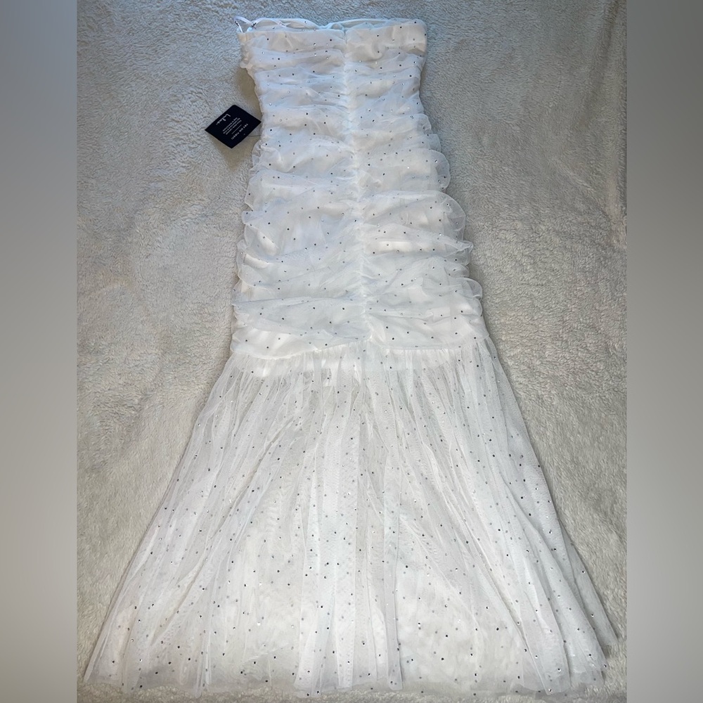 Lulus Sparkling Babe White Mesh Rhinestone Ruched Strapless Midi Dress - Picture 5 of 11
